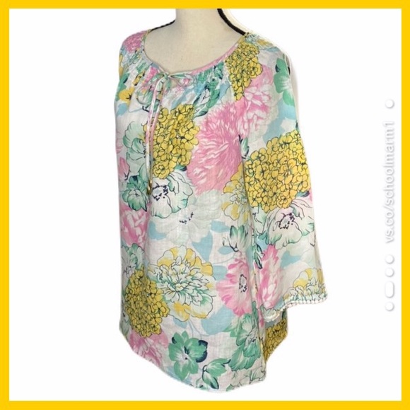 Linen Charter Club Luxury Flowered Peasant Blouse - Picture 2 of 8